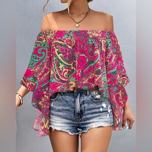 Boho Paisley Floral Print Off Shoulder Top Blouse Shirt Pink